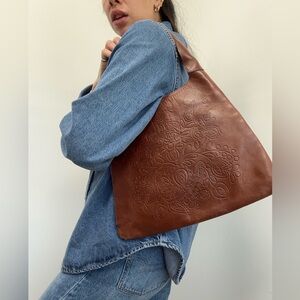Vintage Gap Tooled Brown Leather Hobo Shoulder Bag Western